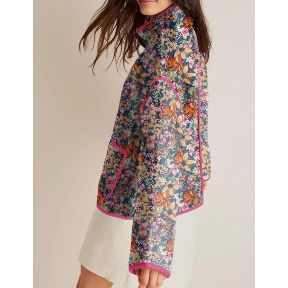 Women's Floral Quilted Jacket Crop Button Down Padded Puffer Jacket Multicolor - Picture 5 of 6